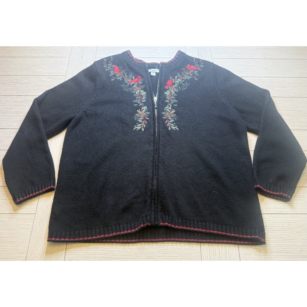 Croft & Barrow Embroidered Cardinal Full‎ Zip Cardigan Sweater Christmas 1X
